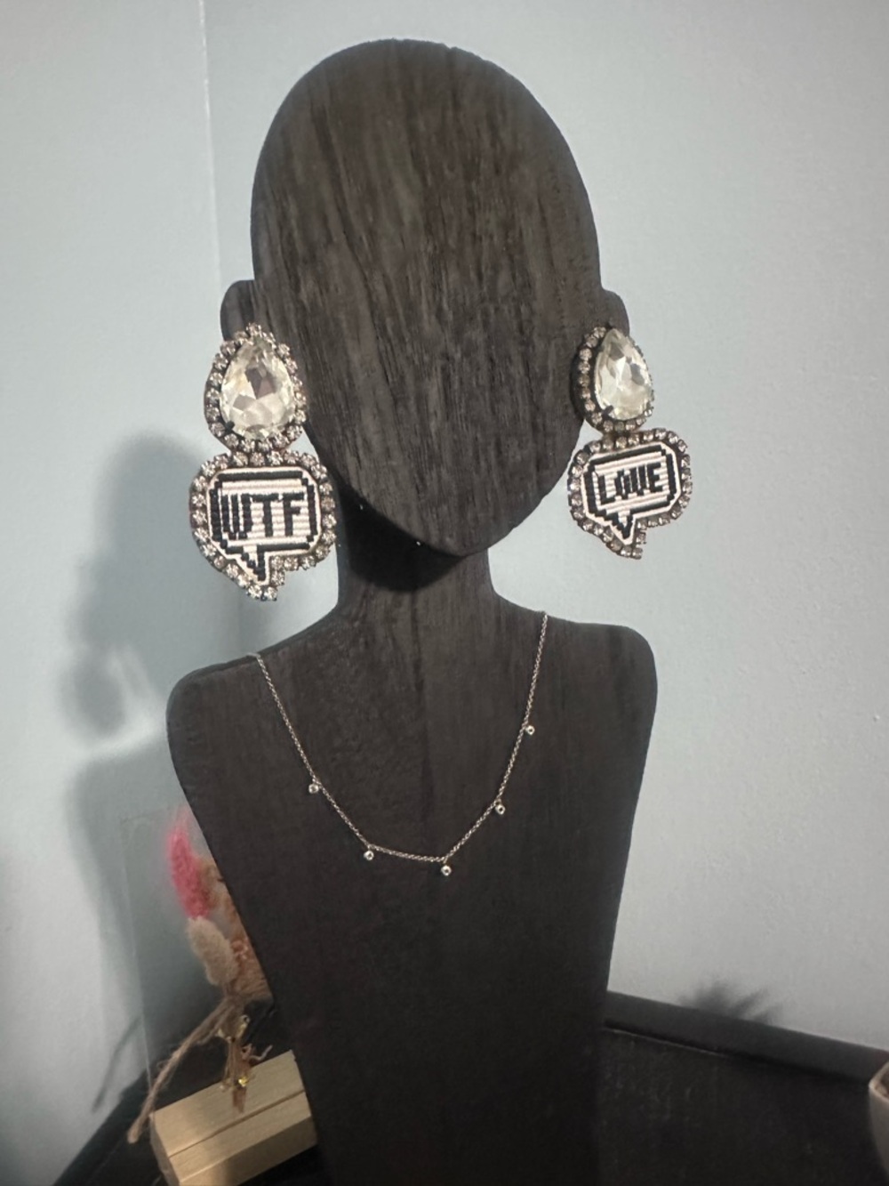Bundle and save! Crystal Statement Earrings with 'WTF' and 'LOVE' Design - White
